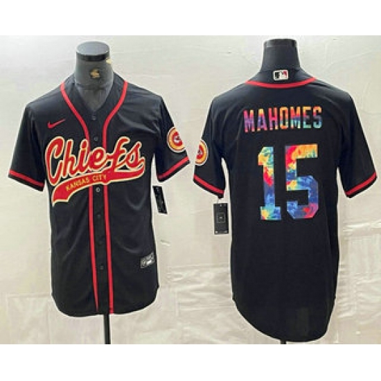 Men's Kansas City Chiefs #15 Patrick Mahomes Black Multi Color With Cool Base Stitched Baseball Jersey - Ujersey