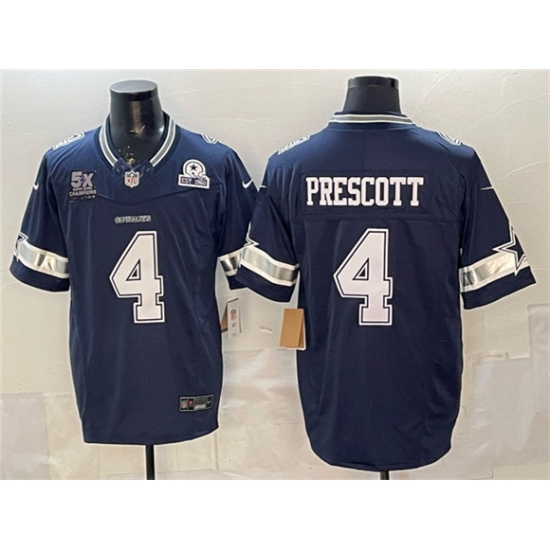 Men's Dallas Cowboys #4 Dak Prescott Navy F.U.S.E. With 5x Super Bowl Champions & Established In 1960 Vapor Limited Stitched Football Jersey