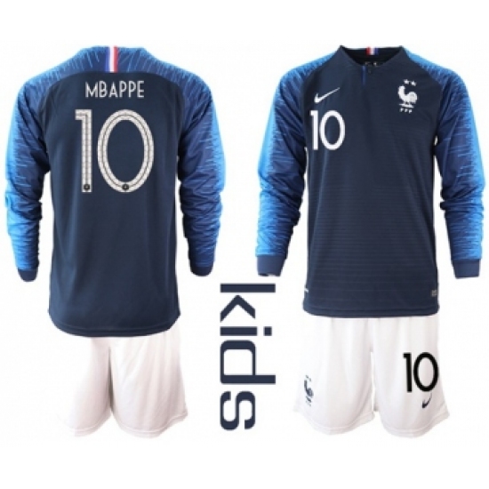 France #10 Mbappe Home Long Sleeves Kid Soccer Country Jersey