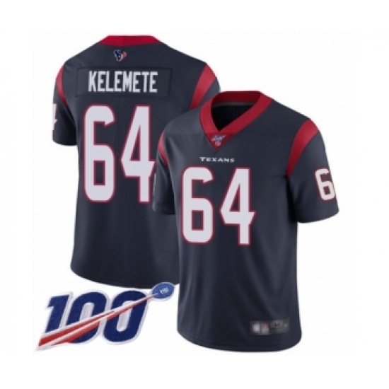 Men's Houston Texans #64 Senio Kelemete Navy Blue Team Color Vapor Untouchable Limited Player 100th Season Football Jersey - Ujersey