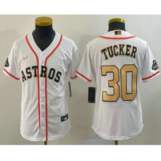 Youth Houston Astros #30 Kyle Tucker 2023 White Gold World Serise Champions Cool Base Stitched Jersey - Ujersey