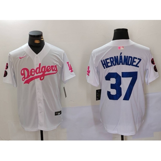 Men's Los Angeles Dodgers #37 Teoscar Hernández White Pink Vin & Kobe Stitched Baseball Jersey - Ujersey