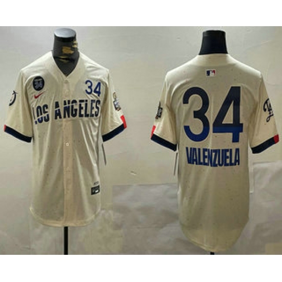 Men's Los Angeles Dodgers #34 Fernando Valenzuela Number Cream 2024 World Series City Connect Limited Stitched Jersey - Ujersey