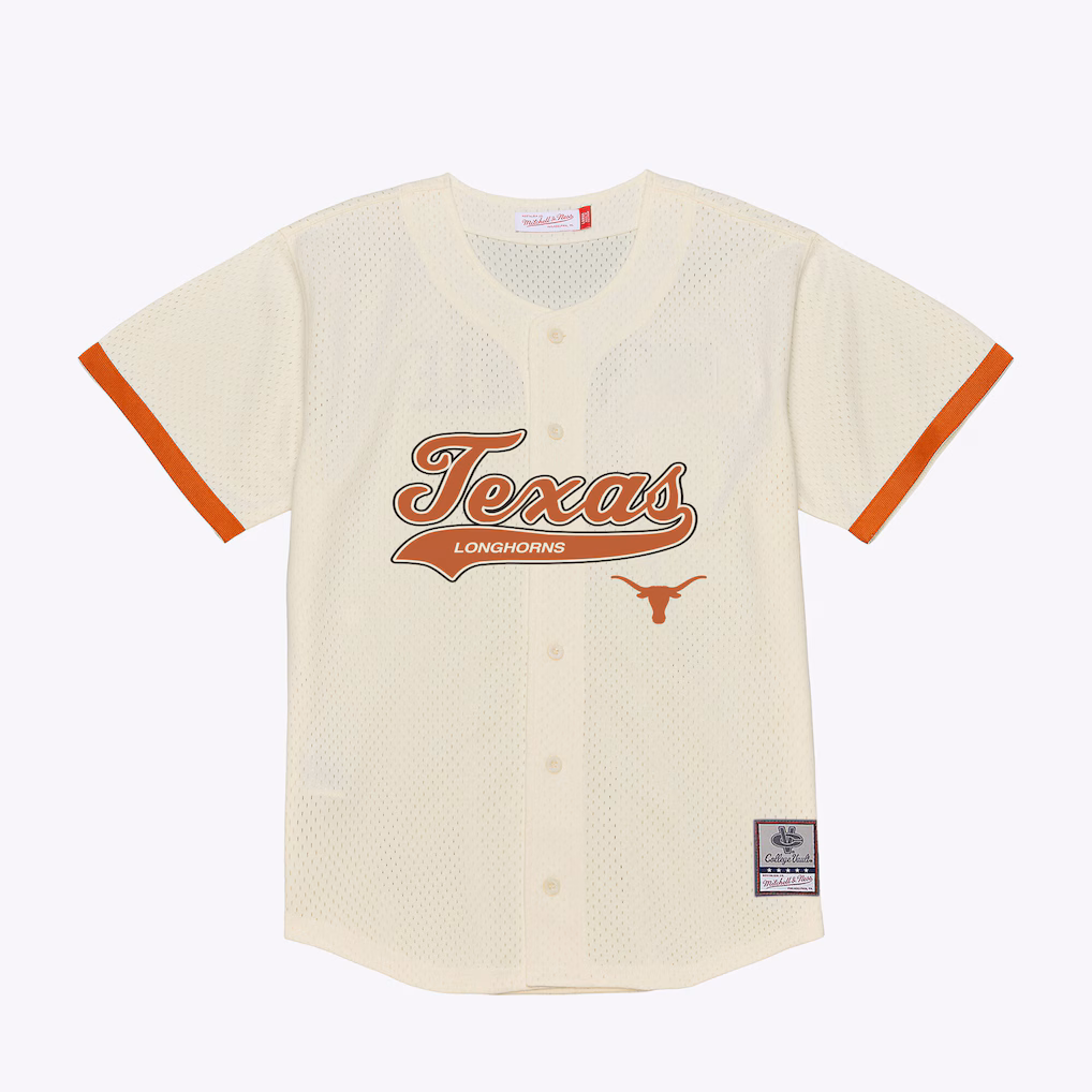 Men's Mitchell & Ness Cream Texas Longhorns Mesh Button-Up Batting Practice Baseball Jersey