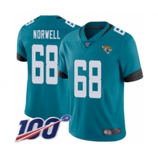 Men's Jacksonville Jaguars #68 Andrew Norwell Teal Green Alternate Vapor Untouchable Limited Player 100th Season Football Jersey - Ujersey