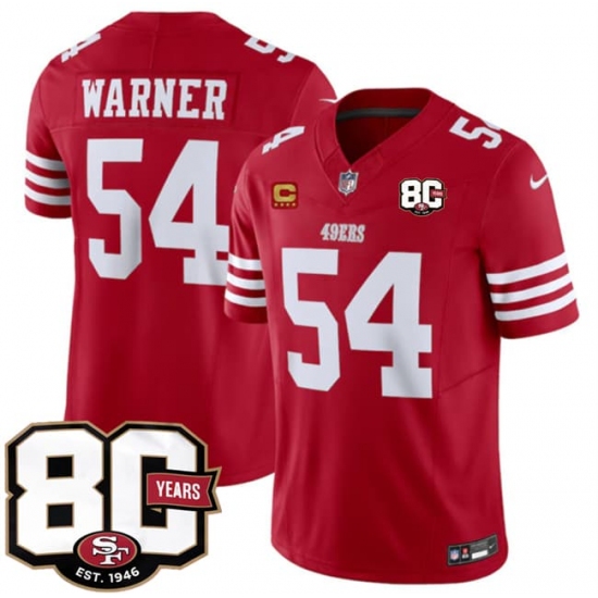 Men's San Francisco 49ers #54 Fred Warner Red 80th Anniversary And 4-Star C 2026 F.U.S.E. Vapor Untouchable Limited Football Stitched Jersey - Ujersey