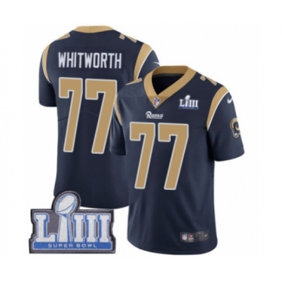 Men's Nike Los Angeles Rams #77 Andrew Whitworth Navy Blue Team Color Vapor Untouchable Limited Player Super Bowl LIII Bound NFL Jersey - Ujersey