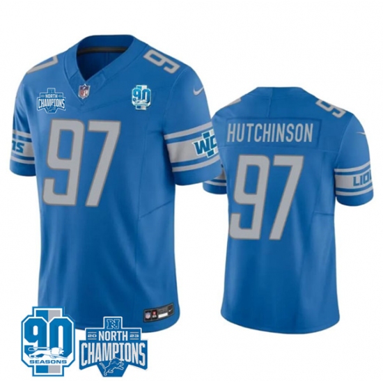 Men's Detroit Lions #97 Aidan Hutchinson Blue 2023 90th Anniversary North Division Champions Limited Stitched Jersey - Ujersey