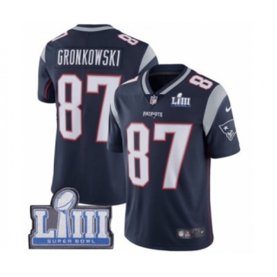 Youth Nike New England Patriots #87 Rob Gronkowski Navy Blue Team Color Vapor Untouchable Limited Player Super Bowl LIII Bound NFL Jersey - Ujersey