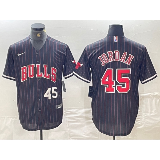 Men's Chicago Bulls #45 Michael Jordan Number Black Pinstripe Cool Base Stitched Baseball Jersey - Ujersey