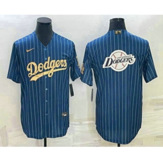 Men's Los Angeles Dodgers Big Logo Navy Blue Pinstripe Stitched MLB Cool Base Nike Jersey2 - Ujersey