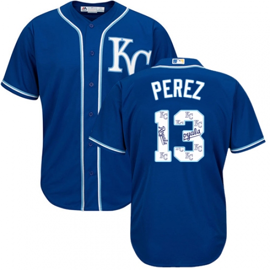 Men's Majestic Kansas City Royals #13 Salvador Perez Authentic Blue Team Logo Fashion Cool Base MLB Jersey - Ujersey