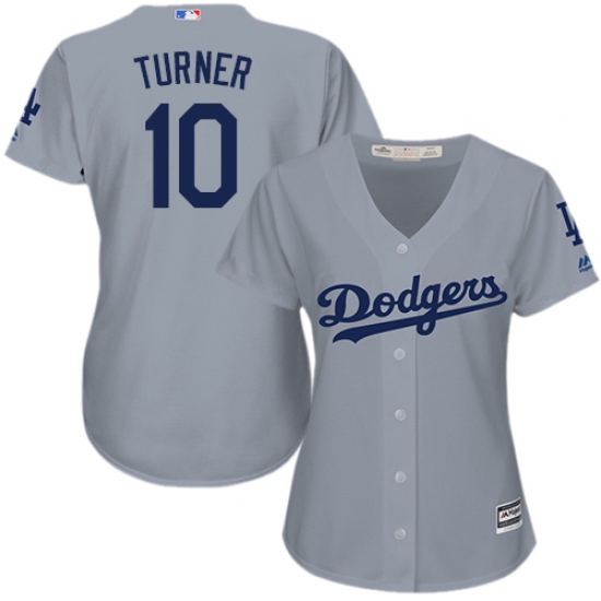 Women's Majestic Los Angeles Dodgers #10 Justin Turner Authentic Grey Road Cool Base MLB Jersey - Ujersey