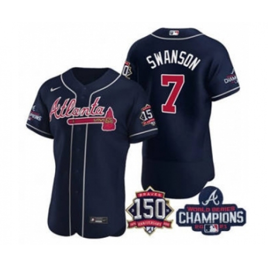 Men's Atlanta Braves #7 Dansby Swanson 2021 Navy World Series Champions With 150th Anniversary Flex Base Stitched Jersey - Ujersey