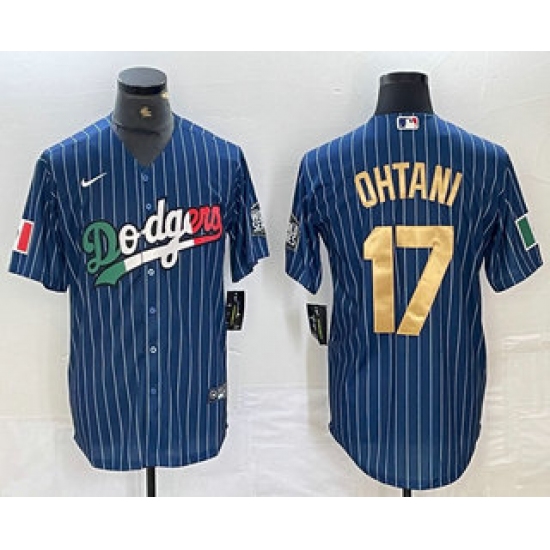 Men's Los Angeles Dodgers #17 Shohei Ohtani Mexico Blue Gold Pinstripe Cool Base Stitched Jersey - Ujersey