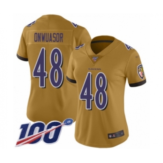 Women's Baltimore Ravens #48 Patrick Onwuasor Limited Gold Inverted Legend 100th Season Football Jersey - Ujersey
