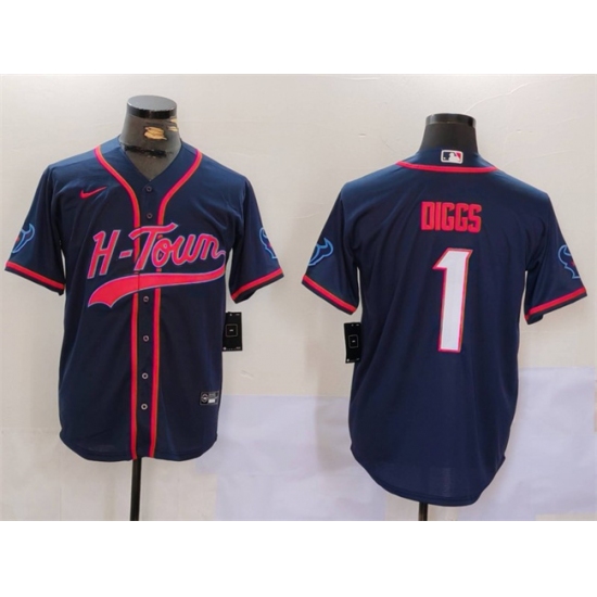 Men's Houston Texans #1 Stefon Diggs Navy With Cool Base Stitched Baseball Jersey - ujerseystore