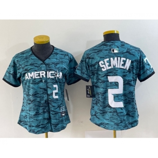 Women's Texas Rangers #2 Marcus Semien Number Teal 2023 All Star Stitched Baseball Jersey - Ujersey