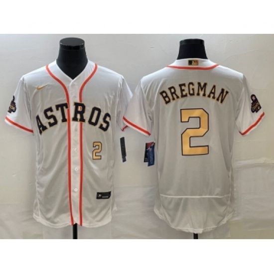 Men's Houston Astros #2 Alex Bregman Number 2023 White Gold World Serise Champions Flex Base Stitched Jersey2 - Ujersey