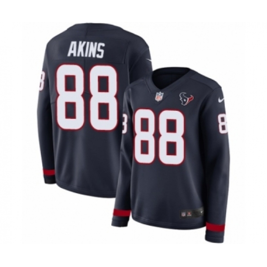 Women's Nike Houston Texans #88 Jordan Akins Limited Navy Blue Therma Long Sleeve NFL Jersey - Ujersey