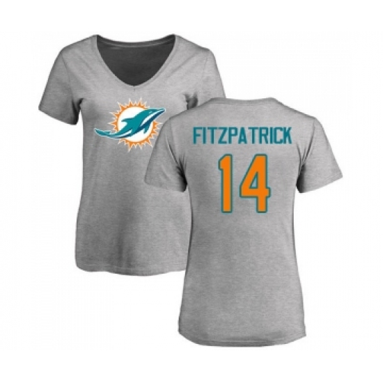 Football Women's Miami Dolphins #14 Ryan Fitzpatrick Ash Name & Number Logo T-Shirt - Ujersey
