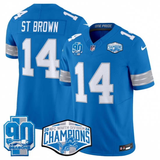 Men's Detroit Lions #14 Amon-Ra St. Brown Blue 2024 NFC North Champions 90th Anniversary F.U.S.E. Vapor Limited Stitched Jersey - Ujersey