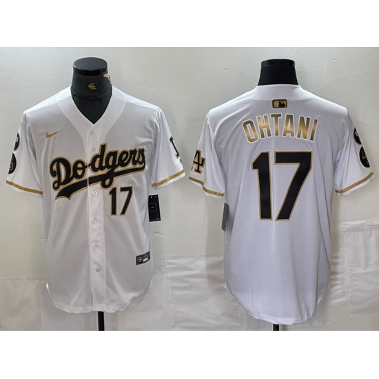 Mens Los Angeles Dodgers #17 Shohei Ohtani Number White Gold Fashion Stitched Cool Base Limited Jersey - Ujersey