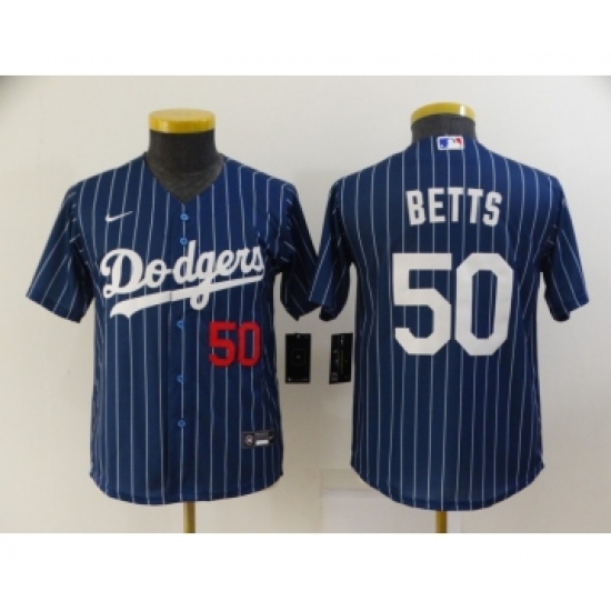 Youth Los Angeles Dodgers #50 Mookie Betts Navy Blue Pinstripe Stitched MLB Cool Base Nike Jersey - Ujersey