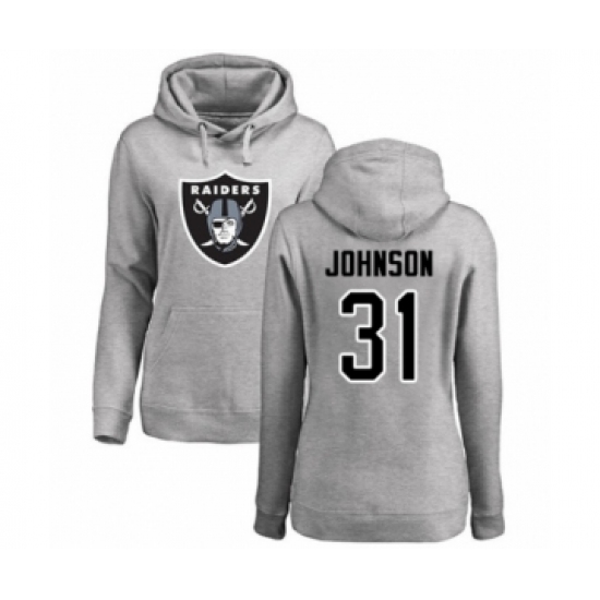 Football Women's Oakland Raiders #31 Isaiah Johnson Ash Name & Number Logo Pullover Hoodie - Ujersey