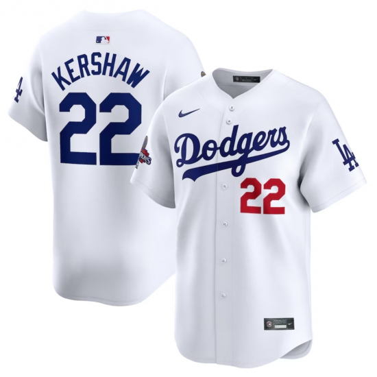 Men's Los Angeles Dodgers #22 Clayton Kershaw White 2024 World Series Champions Home Limited Stitched Baseball Jersey - Ujersey