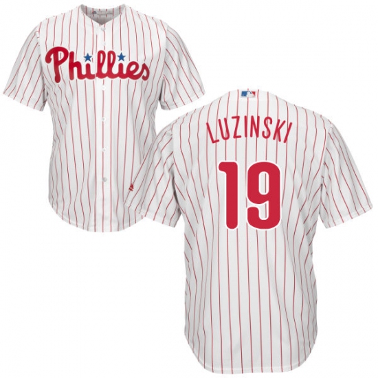 Men's Majestic Philadelphia Phillies #19 Greg Luzinski Replica White/Red Strip Home Cool Base MLB Jersey