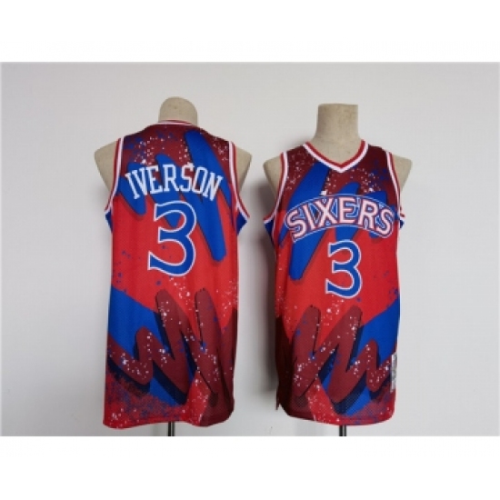 Men's Philadelphia 76ers #3 Allen Iverson Red Black Throwback basketball Jersey - Ujersey