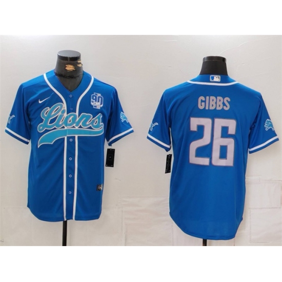 Men's Detroit Lions #26 Jahmyr Gibbs Blue With 90th Anniversary  Cool Base Stitched Baseball Jersey - Ujersey