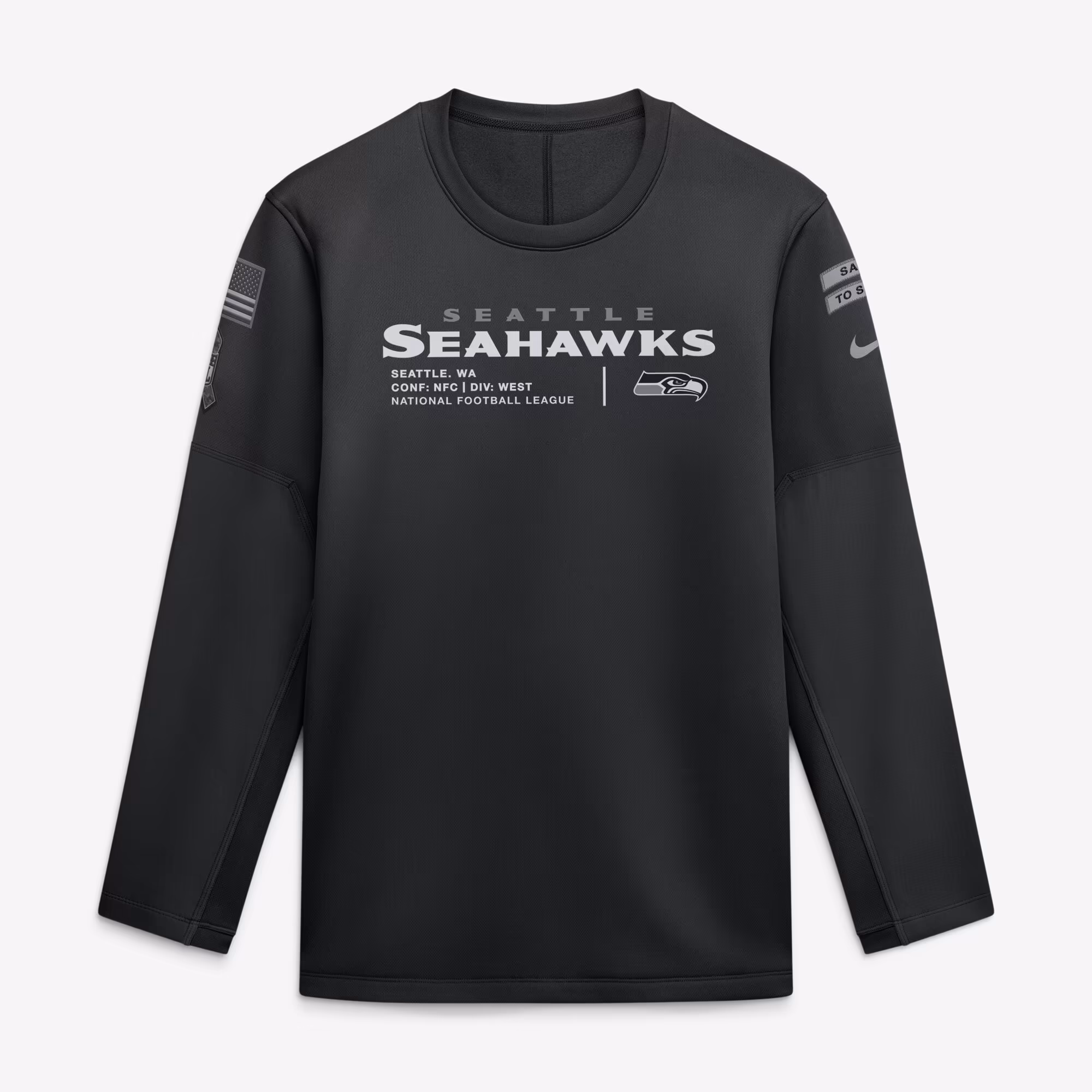Men's Seattle Seahawks  Nike Black 2026 Salute to Service Sideline Coaches Crewneck Therma-FIT Sweatshirt