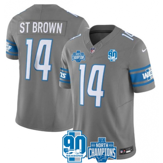 Men's Detroit Lions #14 Amon-Ra St. Brown Gray 2023 90th Anniversary North Division Champions Limited Stitched Jersey - Ujersey