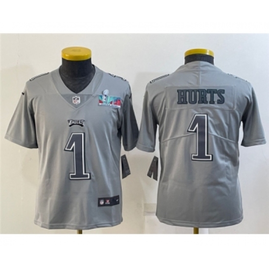 Youth Philadelphia Eagles #1 Jalen Hurts Gray Super Bowl LVII Atmosphere Fashion Stitched Football Jersey - Ujersey