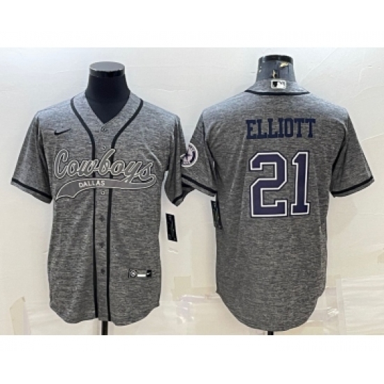 Men's Dallas Cowboys #21 Ezekiel Elliott Grey Gridiron With Patch Cool Base Stitched Baseball Jersey - Ujersey