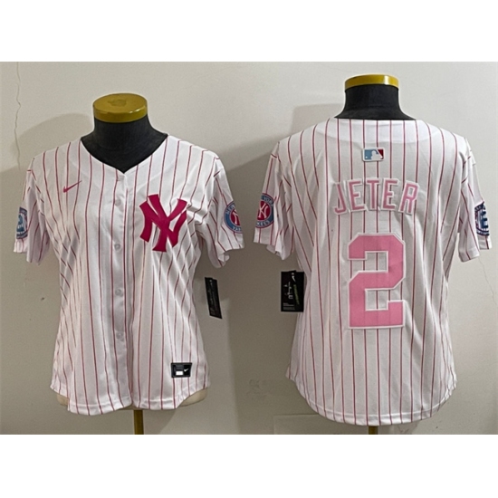 Youth New York Yankees #2 Derek Jeter White Pink Pinstripe Limited Stitched Baseball Jersey - Ujersey