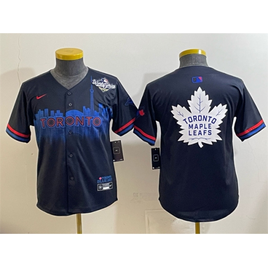 Youth Toronto Blue Jays & Leafs Navy 2025 World Series City Connect With White Leafs Logo Limited Stitched Baseball Jersey - Ujersey