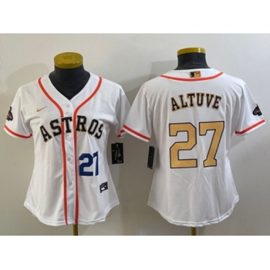 Women's Houston Astros #27 Jose Altuve Number 2023 White Gold World Serise Champions Cool Base Stitched Jersey1 - Ujersey