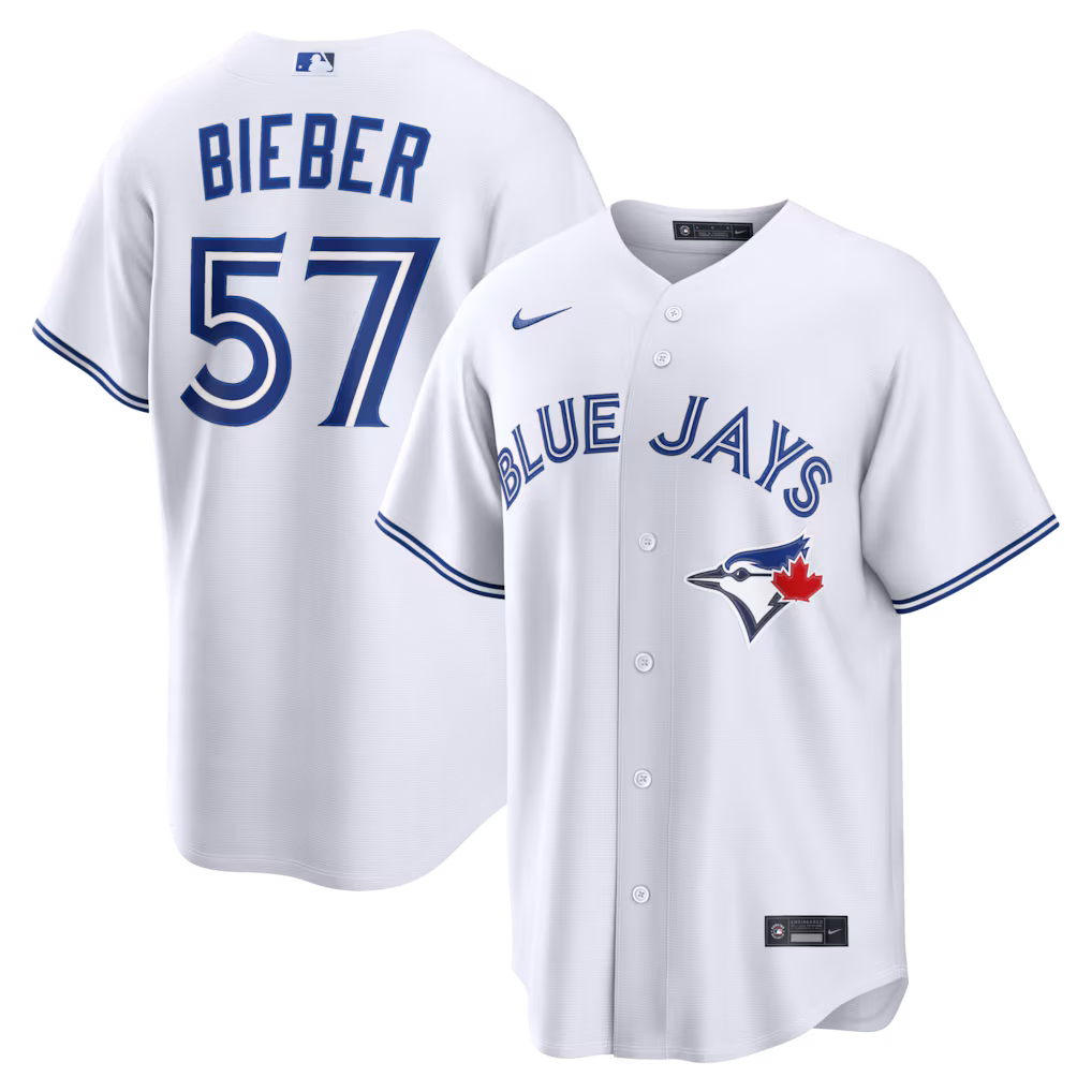 Men's Toronto Blue Jays Shane Bieber Nike White Home Replica Jersey - Vujersey Los Angeles Rams