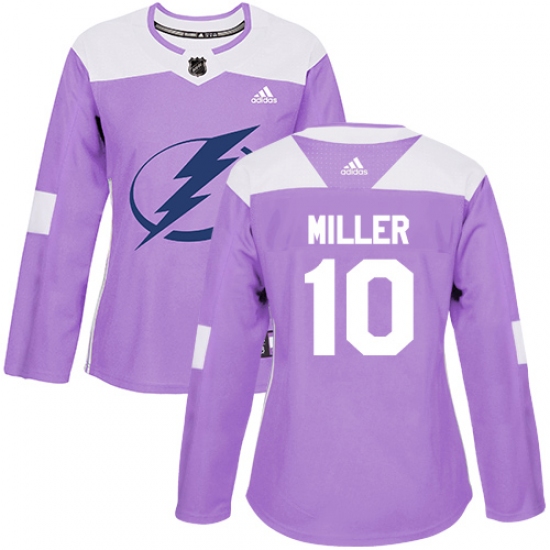 Women's Adidas Tampa Bay Lightning #10 J.T. Miller Authentic Purple Fights Cancer Practice NHL Jersey - Ujersey