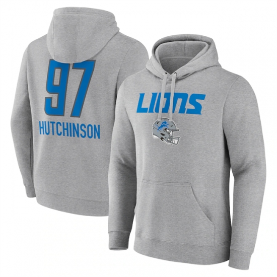 Men's Detroit Lions #97 Aidan Hutchinson Heather Gray Team Wordmark Player Name & Number Pullover Hoodie - Ujersey