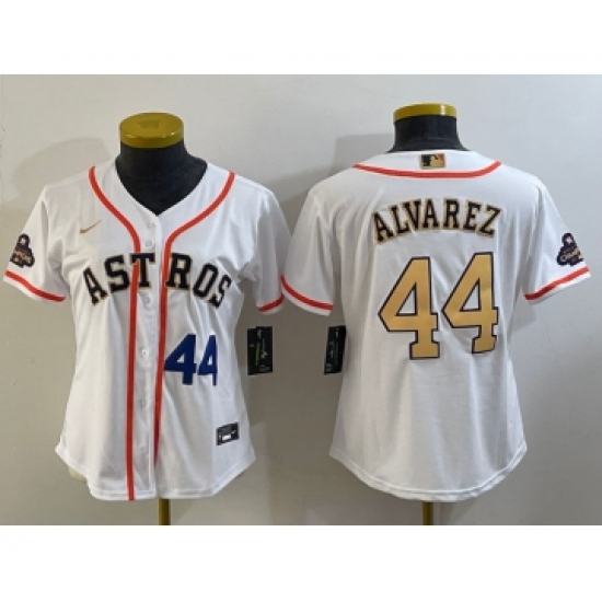 Women's Houston Astros #44 Yordan Alvarez Number 2023 White Gold World Serise Champions Cool Base Stitched Jersey1 - Ujersey