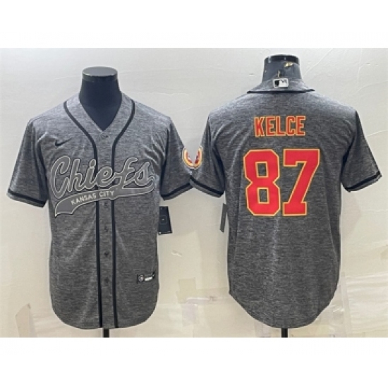 Men's Kansas City Chiefs #87 Travis Kelce Gray With Patch Cool Base Stitched Baseball Jersey - Ujersey
