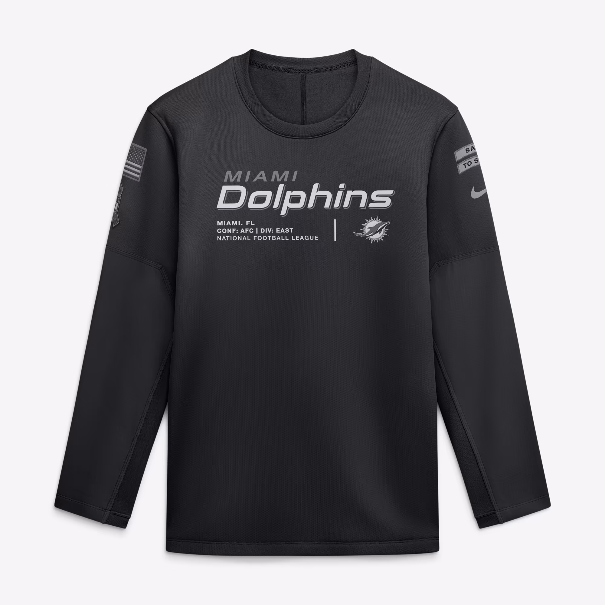 Men's Miami Dolphins  Nike Black 2026 Salute to Service Sideline Coaches Crewneck Therma-FIT Sweatshirt - Ujersey