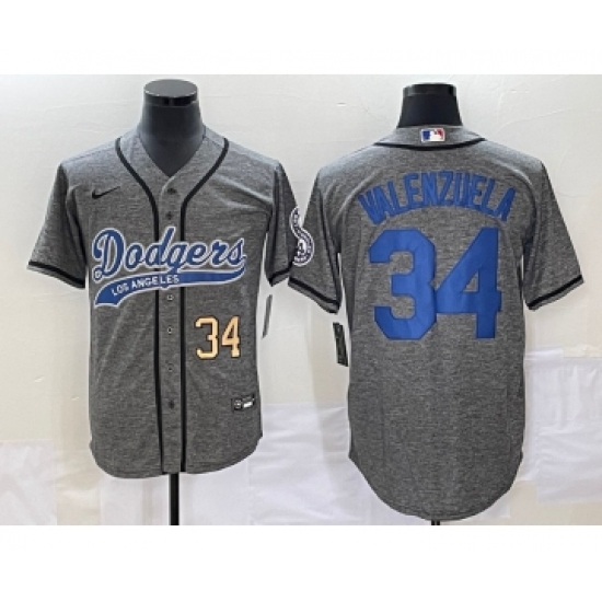 Men's Los Angeles Dodgers #34 Fernando Valenzuela Number Grey Gridiron Cool Base Stitched Baseball Jersey - Ujersey