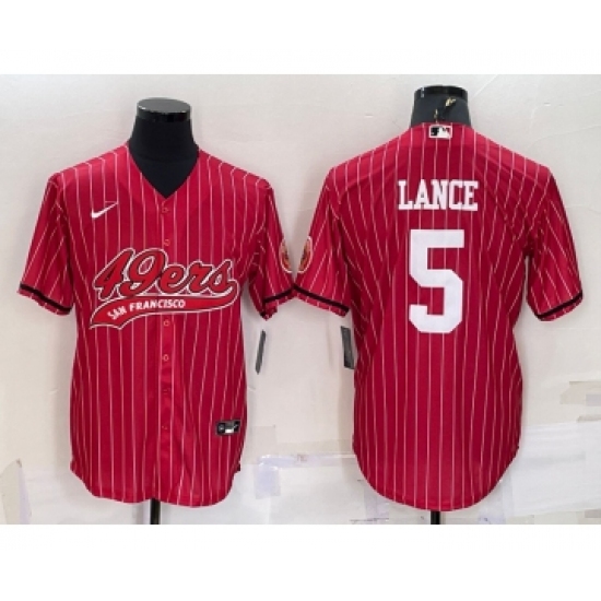 Men's San Francisco 49ers #5 Trey Lance Red Pinstripe With Patch Cool Base Stitched Baseball Jersey - Ujersey