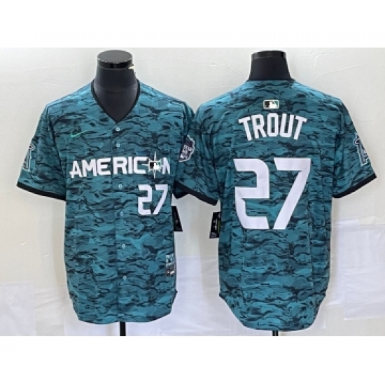 Men's Nike Los Angeles Angels #27 Mike Trout Number Teal 2023 All Star Cool Base Stitched Jersey3 - Ujersey