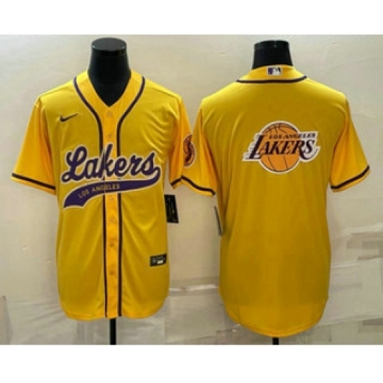 Men's Los Angeles Lakers Yellow Team Big Logo Cool Base Stitched Baseball Jersey - Ujersey